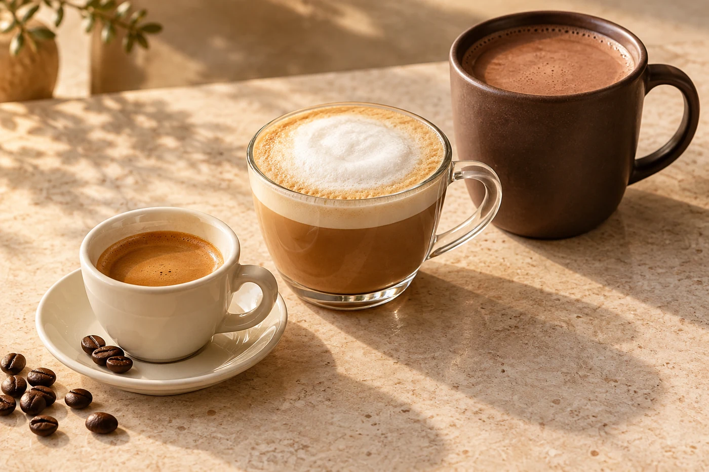 Espresso, a foamy coffee and hot chocolate on a sunlit stone table