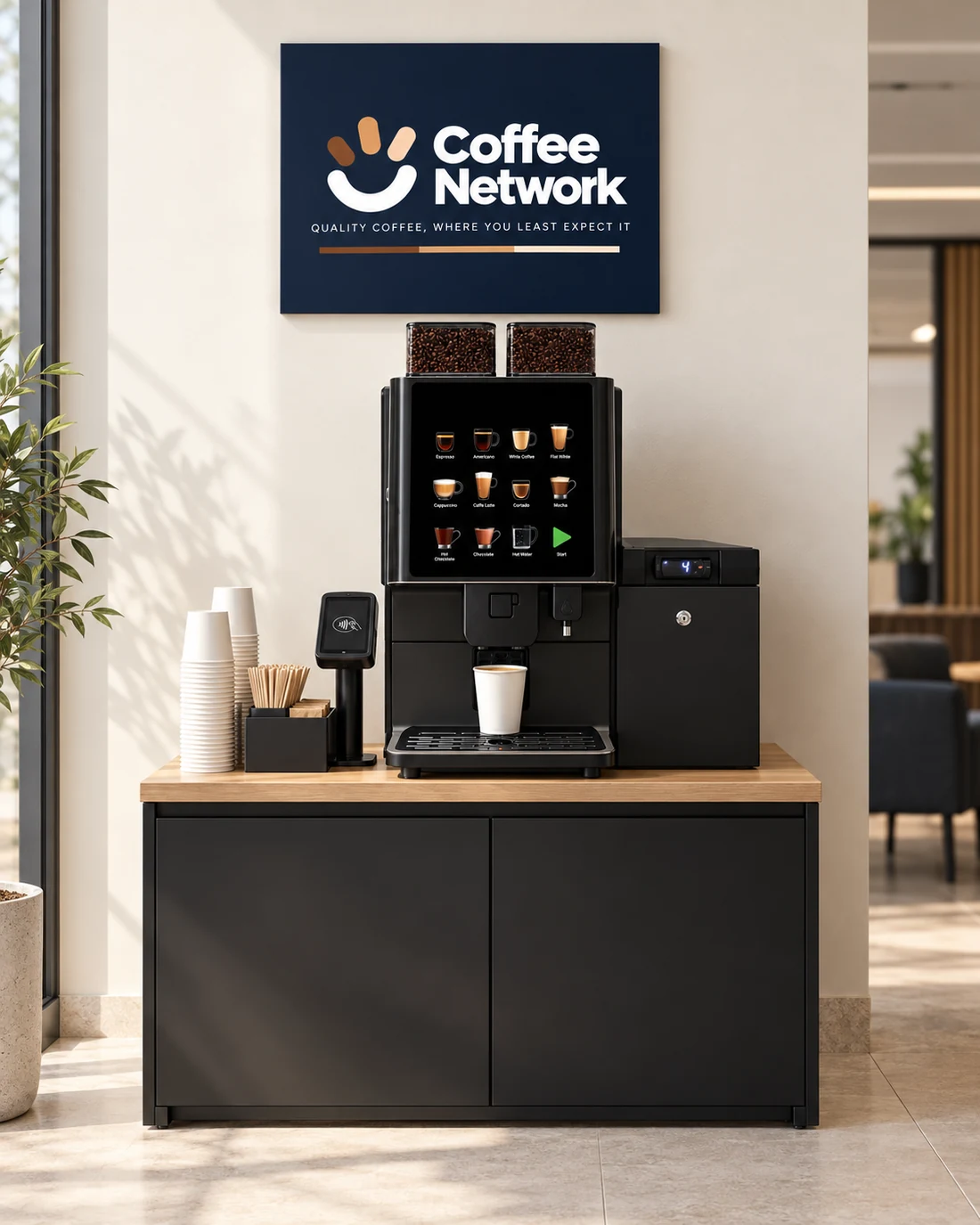 Coffee Network station with a large coffee machine in an office reception area