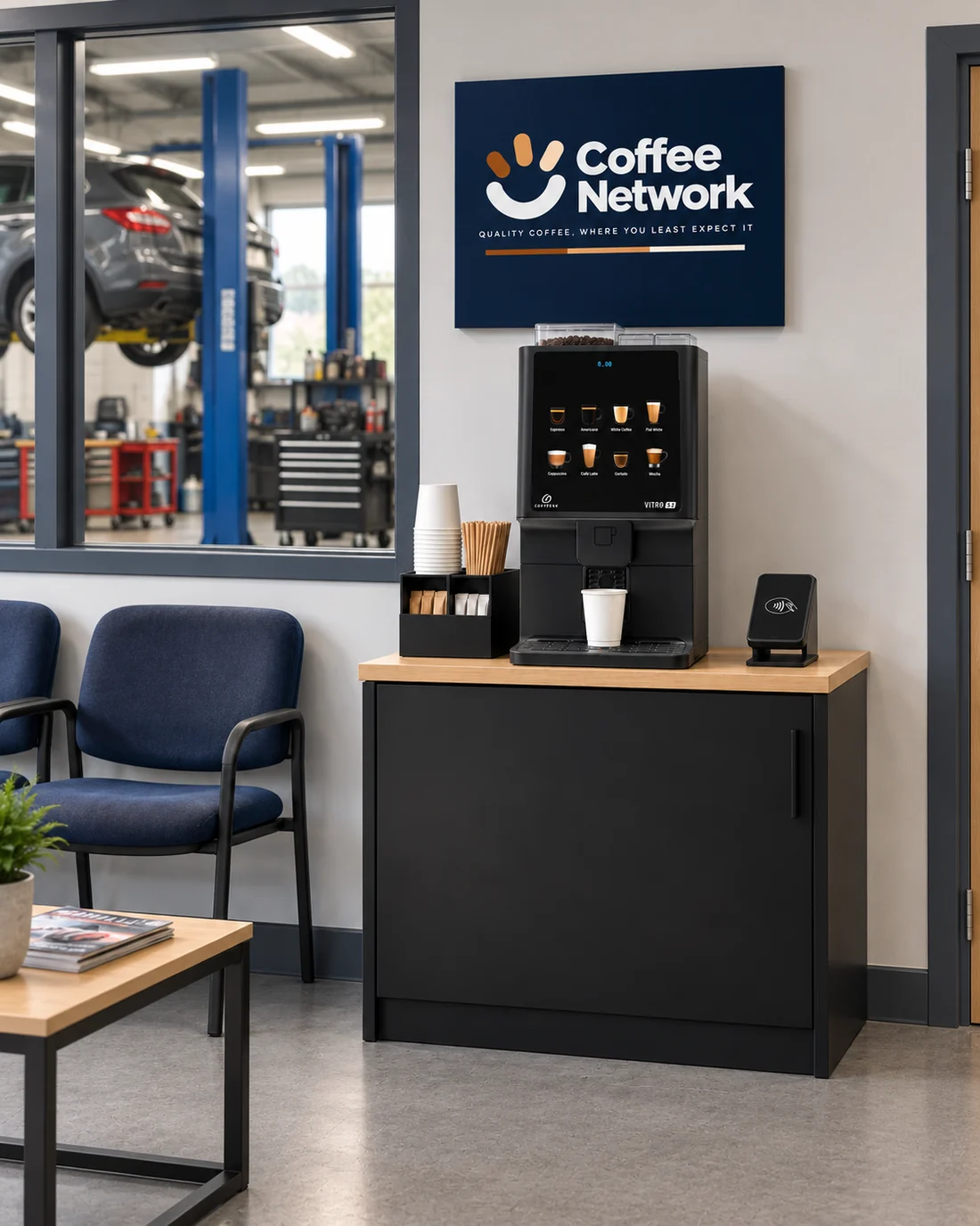 Compact Coffee Network station in a car garage waiting room