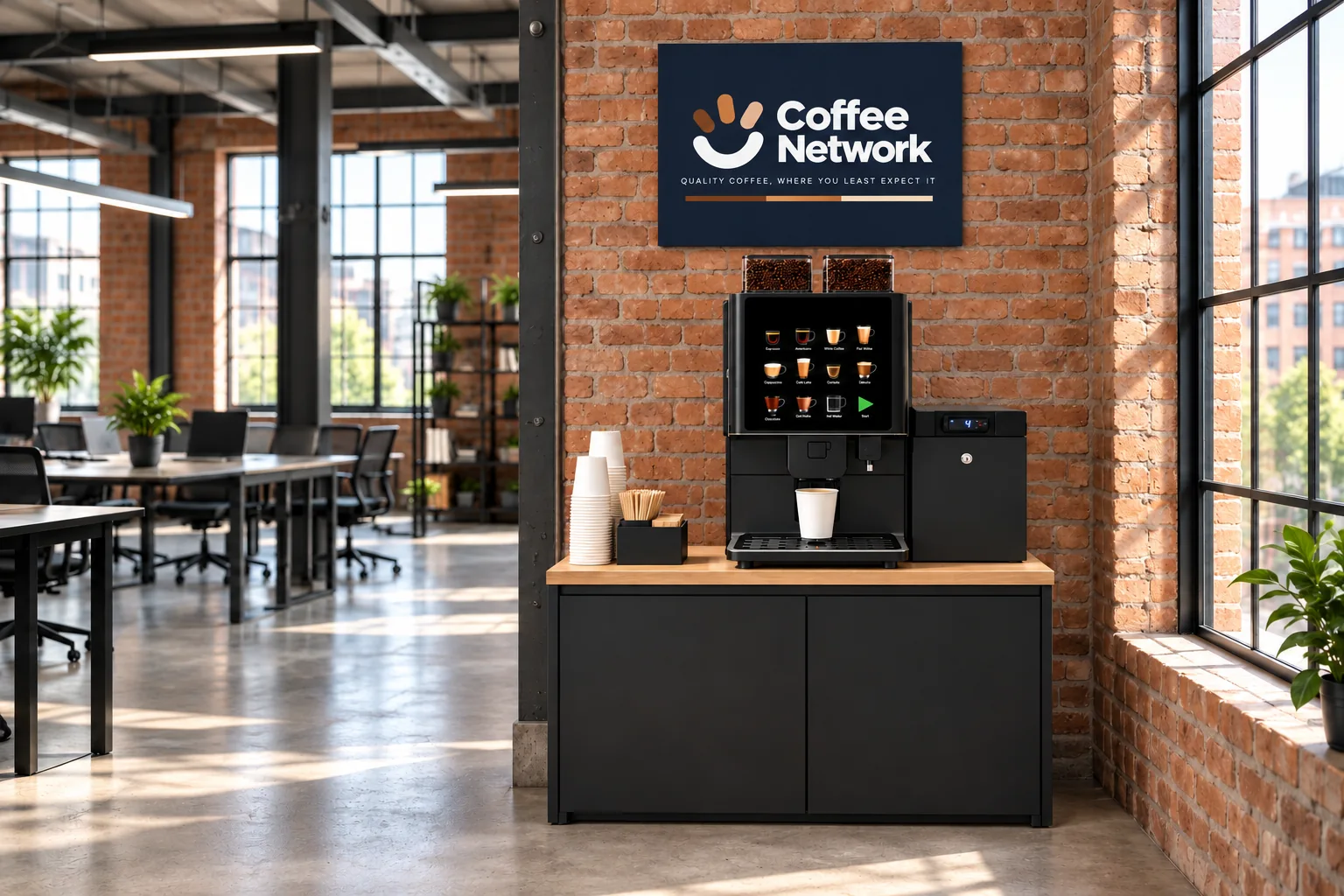 Large Coffee Network station without a payment reader in a converted warehouse office