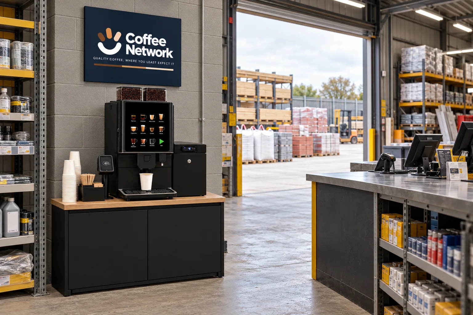 Coffee Network station beside the trade counter at a builders’ merchant