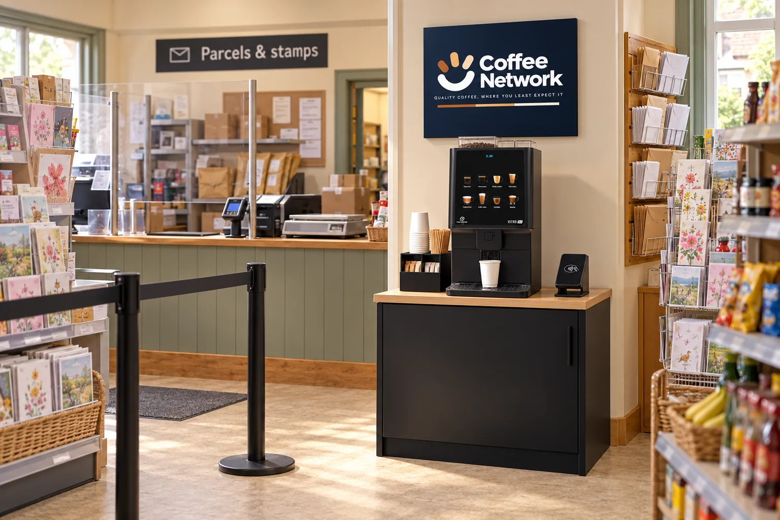 Compact Coffee Network station in a village post-office shop